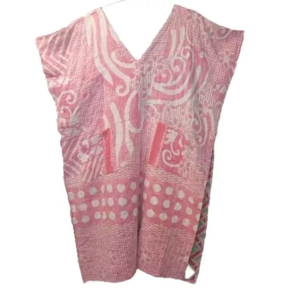 Kantha Patchwork Kimono Tunic Poncho Top Colorful Patch Pockets Woman One Sz #F